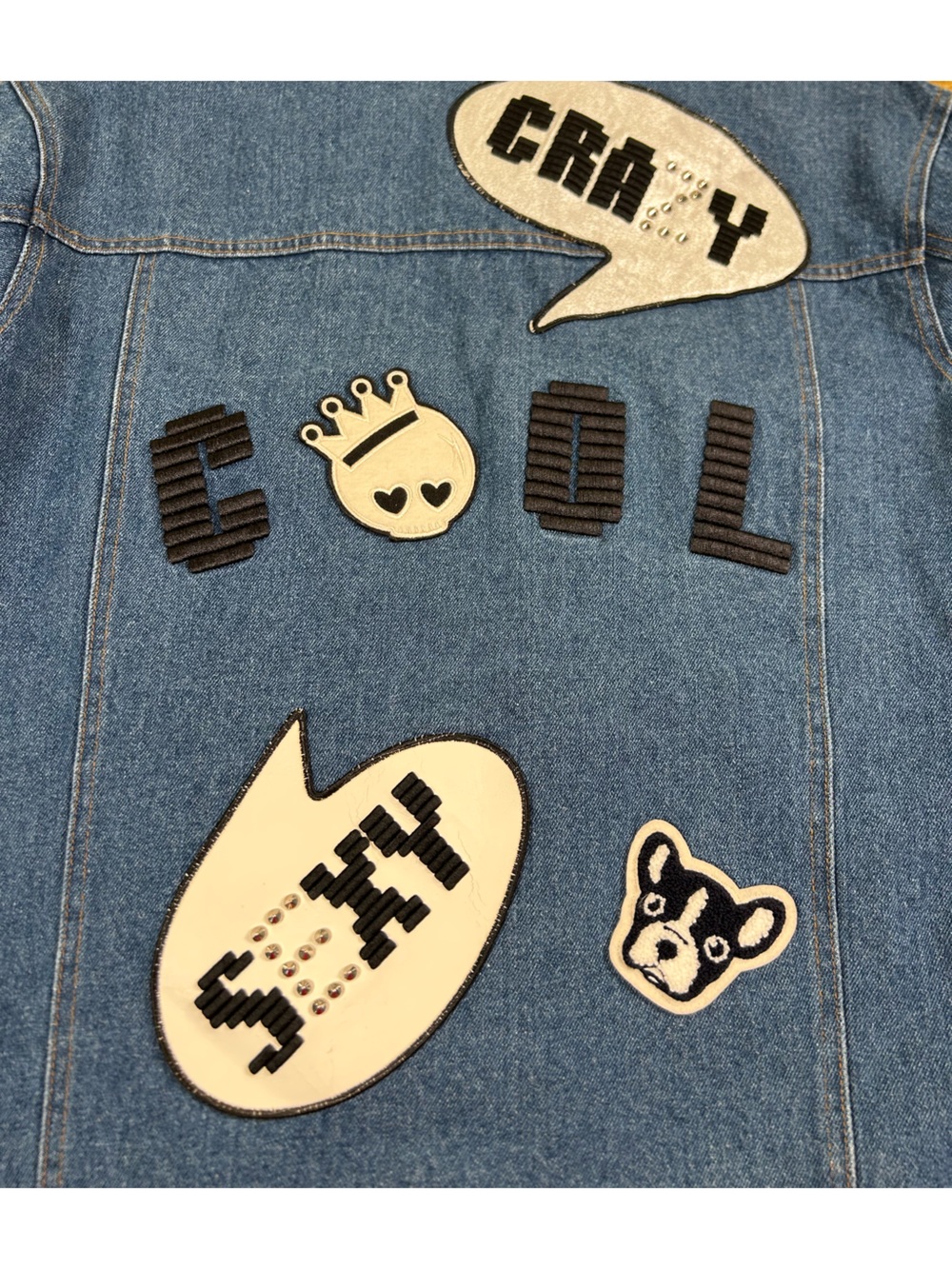 VTG Y2K Crazy Cool Denim Jean Jacket Korean Graphic Patchwork Retro Mall Goth L - Picture 3 of 16
